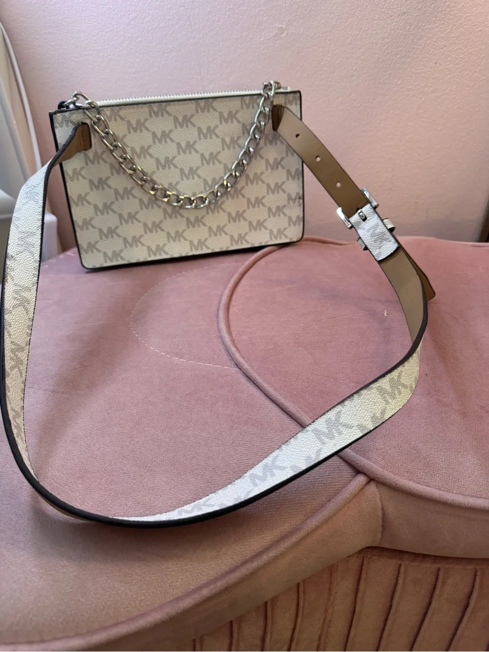 Michael Kors White Beige MK Logo Chain Crossbody